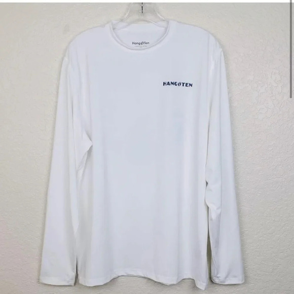 Men's Hang Ten White Crew Neck Long Sleeve UPF 50+ Quick Dry Graphic T-Shirt - Picture 2 of 7